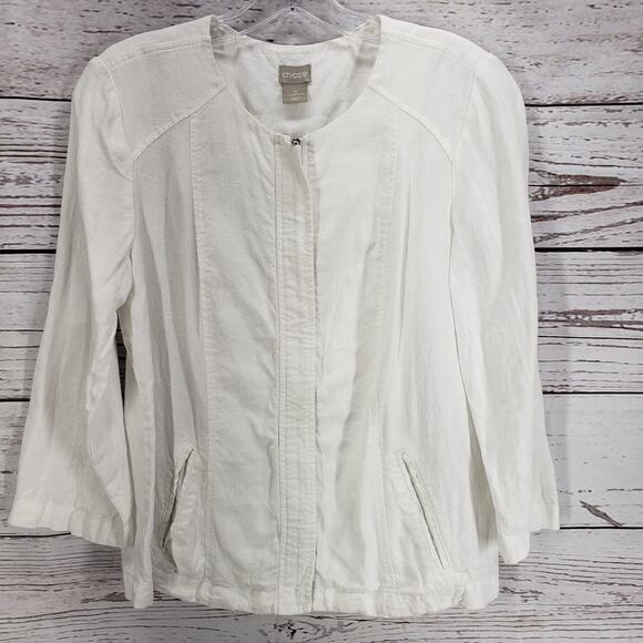Chico's White 100%Linen Full Zip Front Pockets Long Sleeve Jacket Size 0 - Picture 2 of 13
